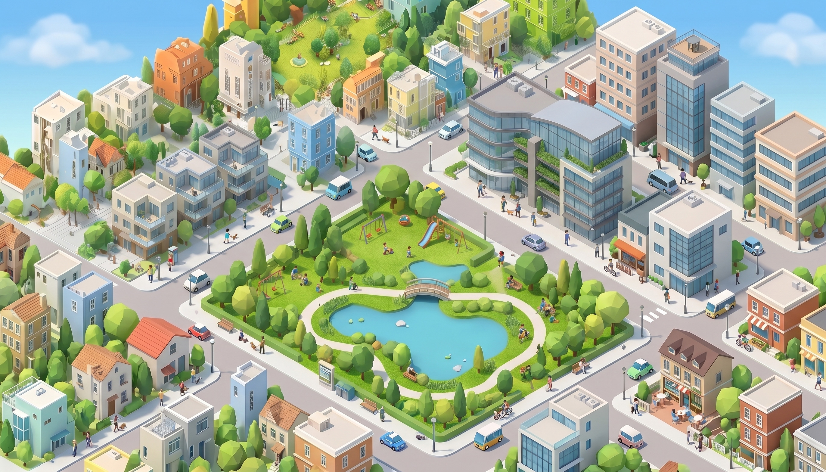 マンションや住宅が立ち並ぶ街区のイラスト